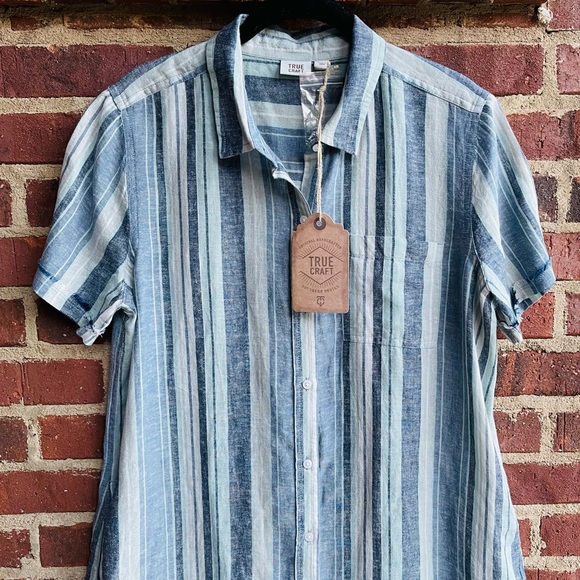 True Craft Dresses & Skirts - NEW TRUE CRAFT Blue Stripes Lightweight Button Front Raw Hem Sleeve Dress Large